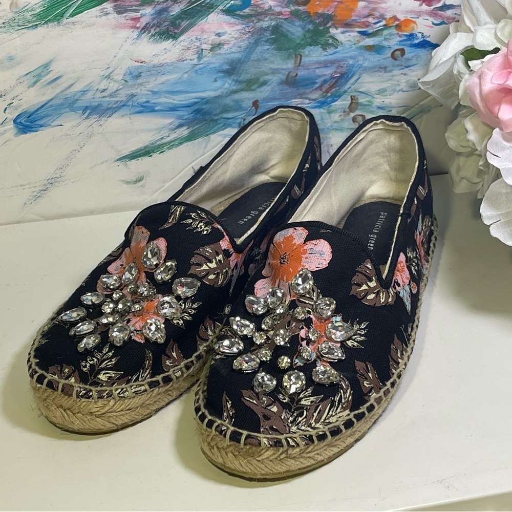 Patricia Green black floral crystal embellished espadrilles.